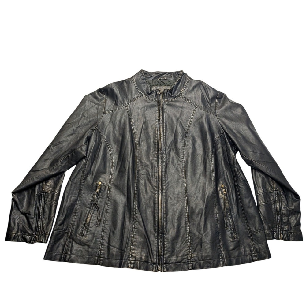 Dressbarn Woman Faux Leather Jacket Women 22/24 Black Distressed Moto Full Zip